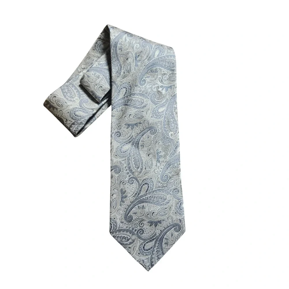 Ermenegildo Zegna Mens‎ Silk Tie Silver Paisley Jacquard Italy Quiet Luxury
